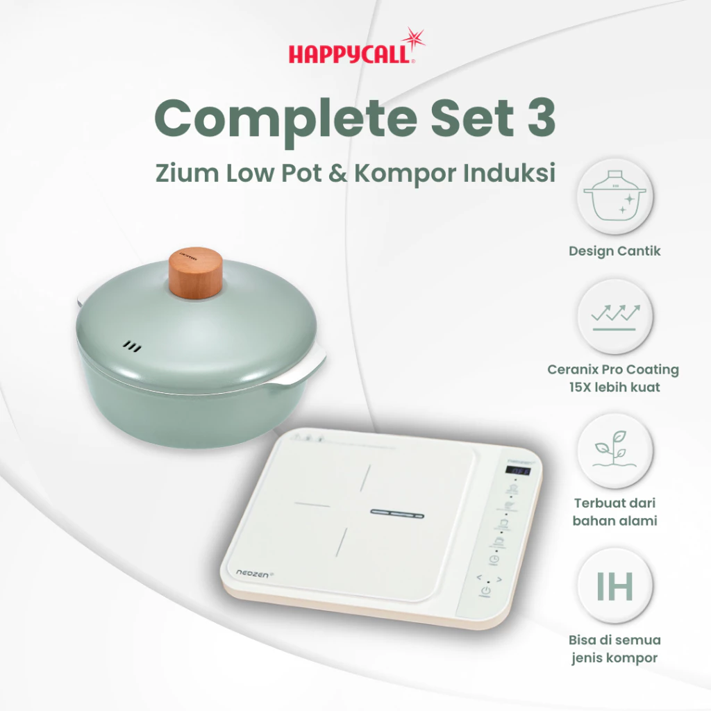 Happycall Paket Zium Low Pot 24cm Green & Neozen Induction IH8 Ivory – Wajan Ceramic & Kompor Induksi